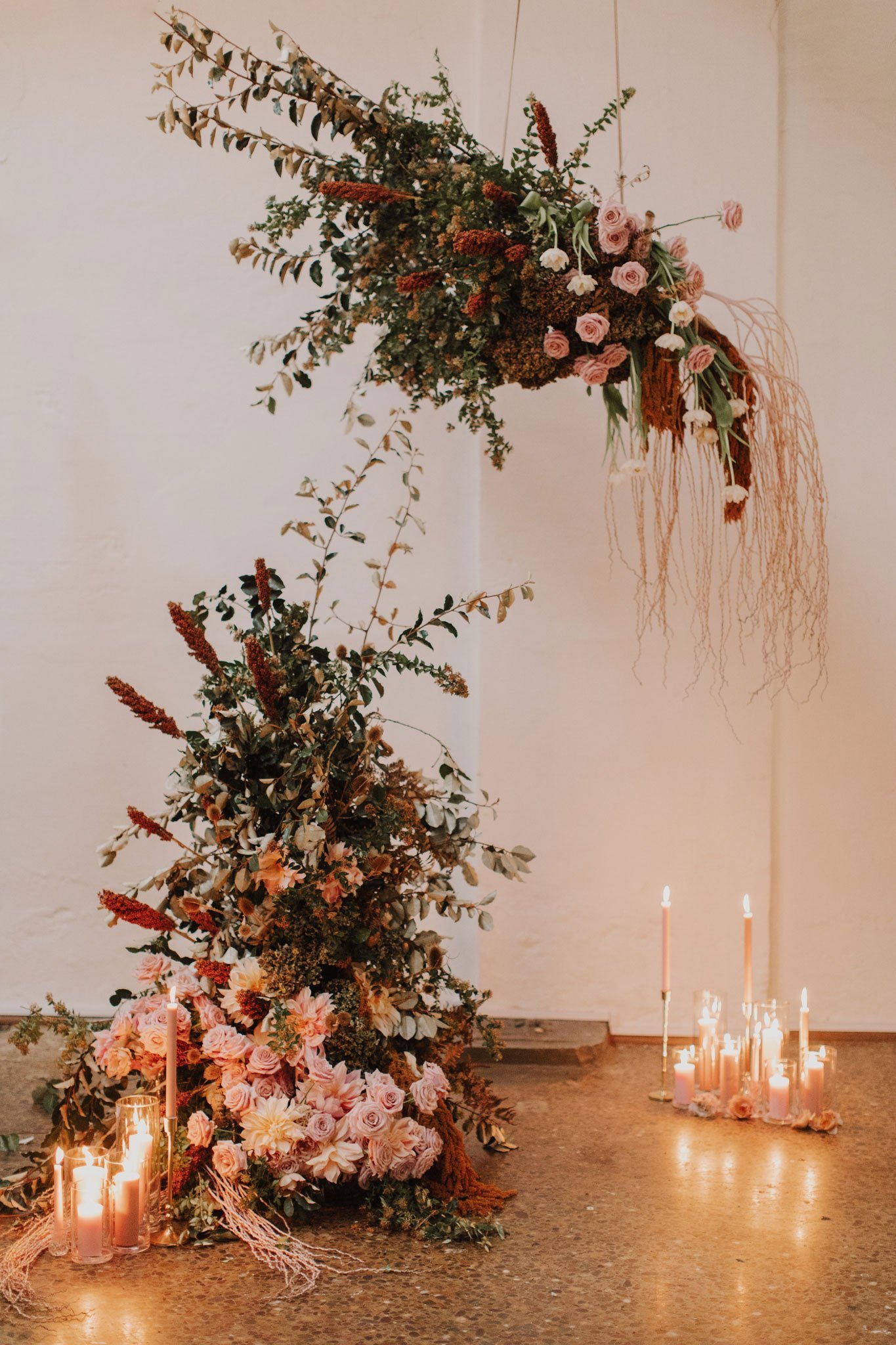 Sustainable wedding styling details with eco candles and dried florals